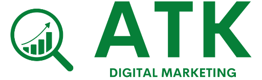 Green logo on white background with the big capital letters 'ATK' and underneath in smaller capitals DIGITAL MARKETING' To the left of the writing is a magnifying glass icon with a upwards trending bar chart with a curved arrow from bottom right to top left